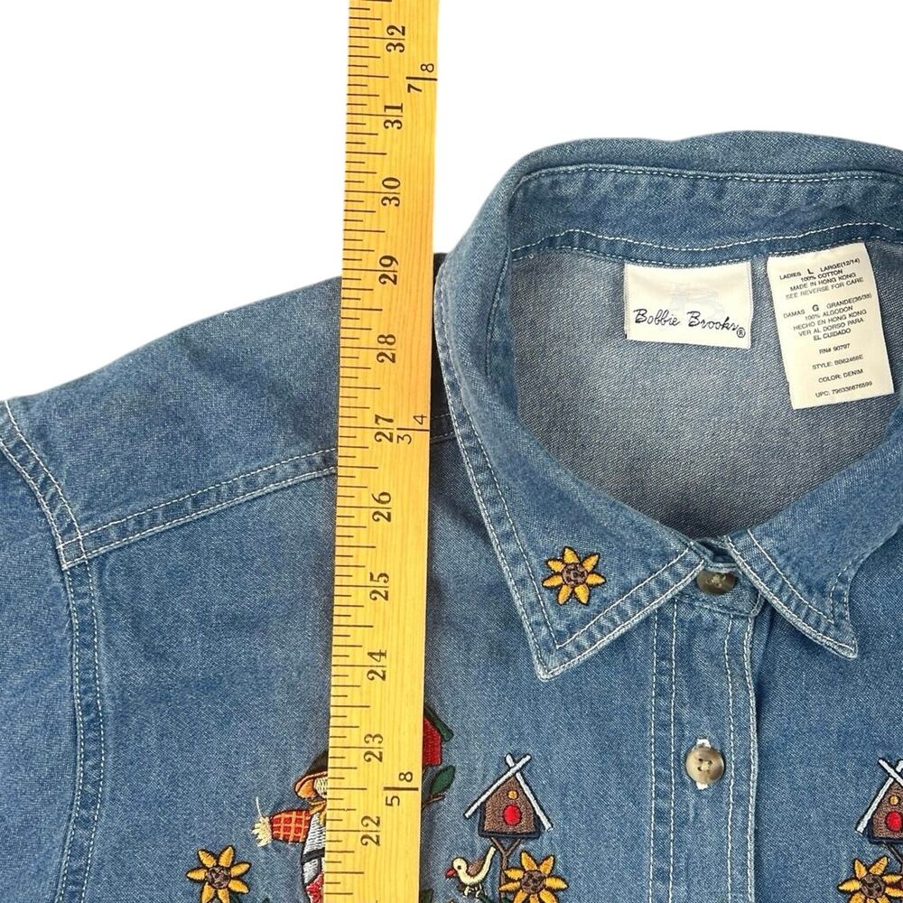 Vintage Bobbie Brooks Shirt Embroidered Fall Autumn Denim Button Front Top L - Picture 7 of 9